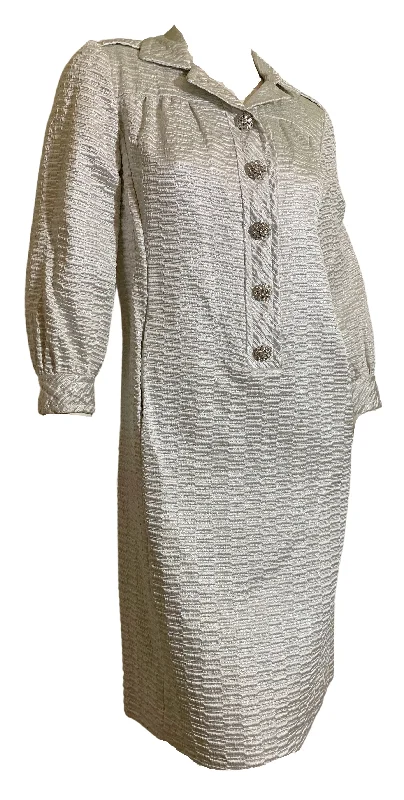 Sophisticated Space Age Silver Metallic Shift Dress with Rhinestone Buttons circa 1960s Women's unclassified dresses