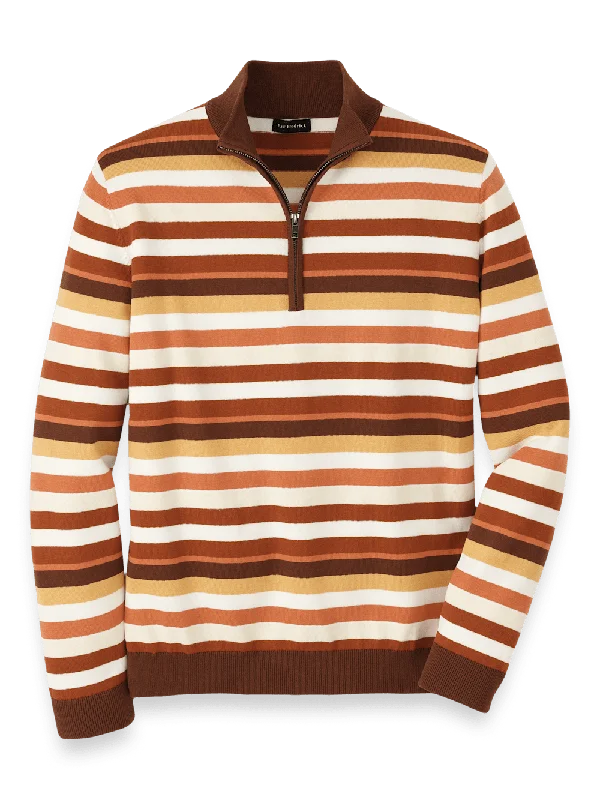 Cotton Quarter Zip Mock Neck Sweater - Brown Multi