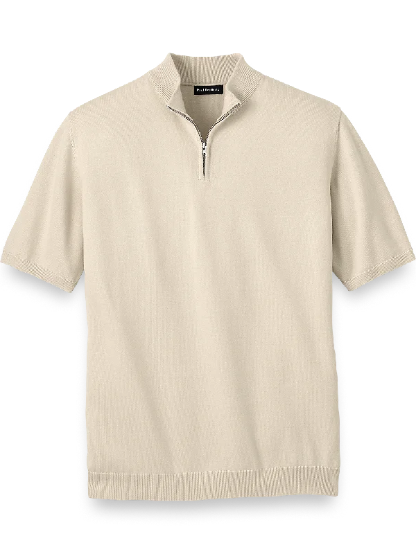 Cotton Quarter Zip Mock Neck Sweater - Light Tan