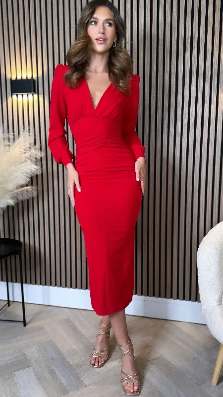 Daria Red Ruched Cut Out Detail Midi Dress