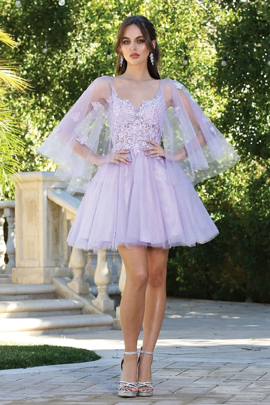 Adora 1053 A Line Prom Short Applique Homecoming Cape Dress