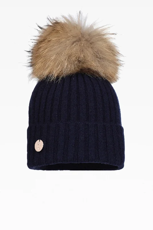 Hayley Cashmere Rib Pom Pom Hat in Navy with Real Fur Pom