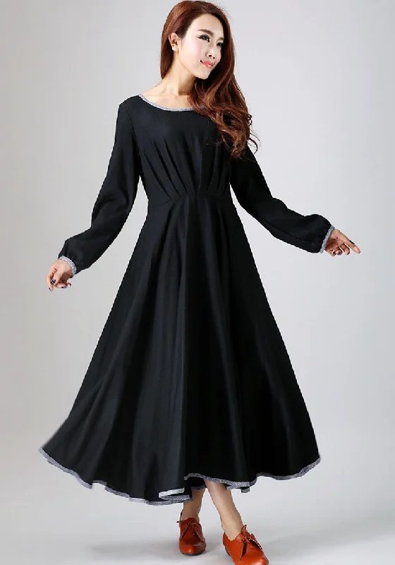 Maxi linen causal women dress in black (787)