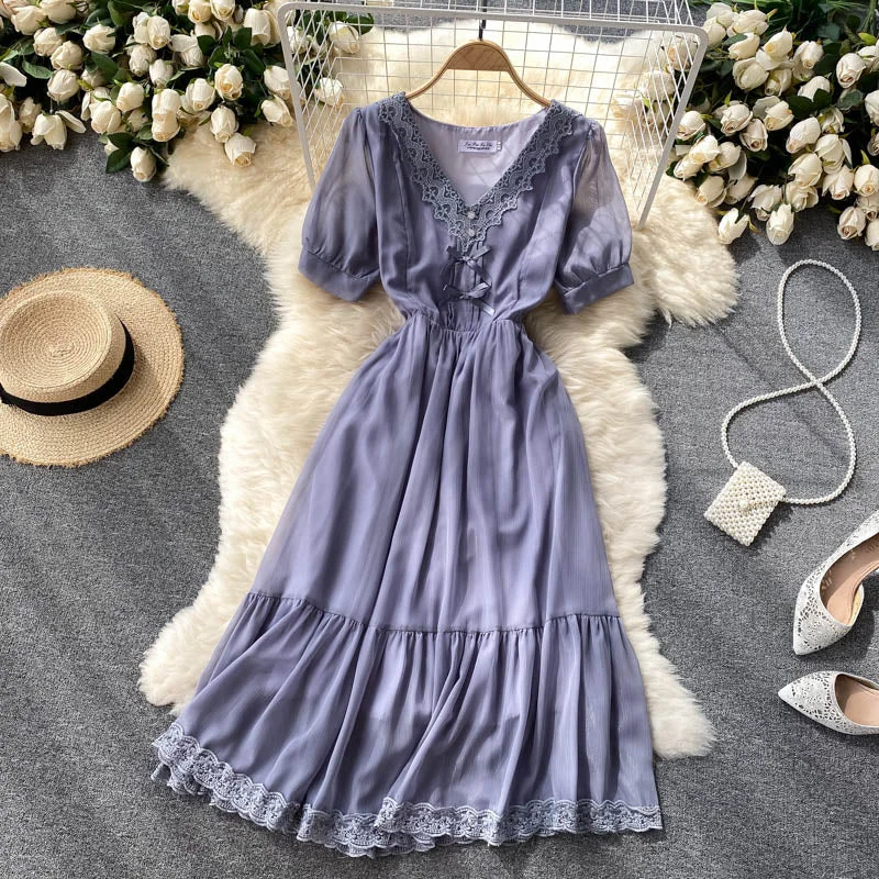 Sweet lace V-neck slim mid-length french gentle chiffon dress  609