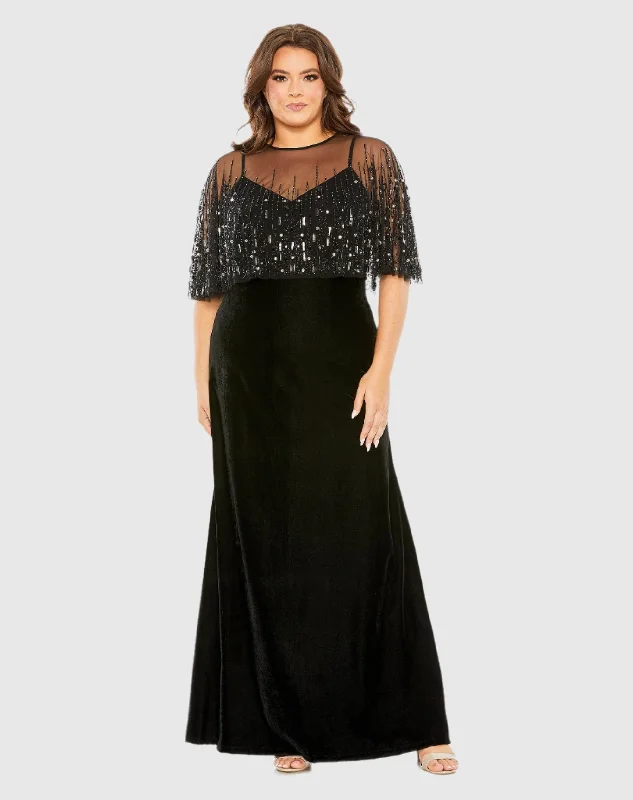 Sleeveless Velvet Gown With Embellished Cape Modern Bridal Gown