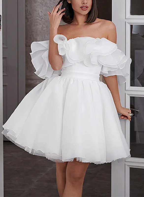 Zephyr | A-Line Off-The-Shoulder Sleeveless Short Mini Organza Wedding Dresses Off-shoulder Wedding Gown