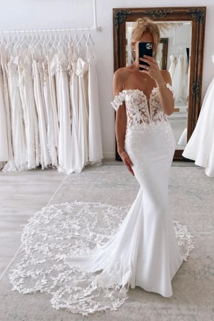 Elegant Long Mermaid Off-the-shoulder Wedding Dresses With Lace Satin Bridal Gown