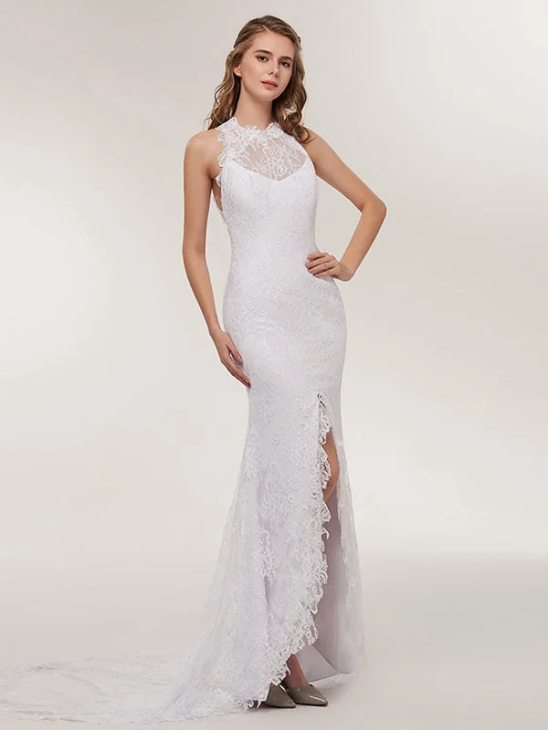 Modern Lace  Side Slit Mermaid Wedding Dresses Lace Wedding Dress