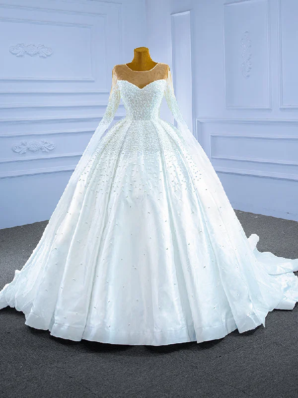 White Satin Long Sleeve Pearls Illusion Neck Wedding Dress Lace V-neck Dress