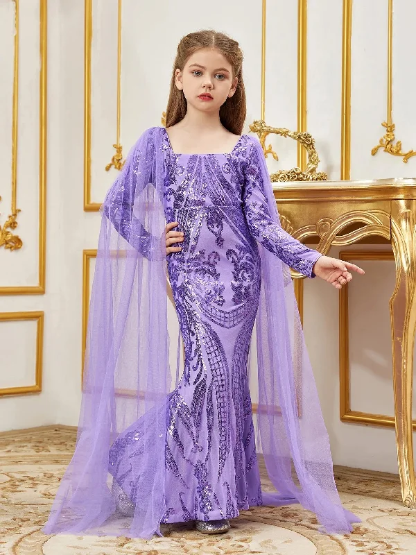 Tween Girls' Squaret Neck Long Sleeves Mermaid Hem Graphic Sequin Party Dress Budget-friendly party dresses