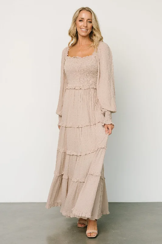 Amanda Smocked Dotted Maxi Dress | Beige Preppy maxi dresses