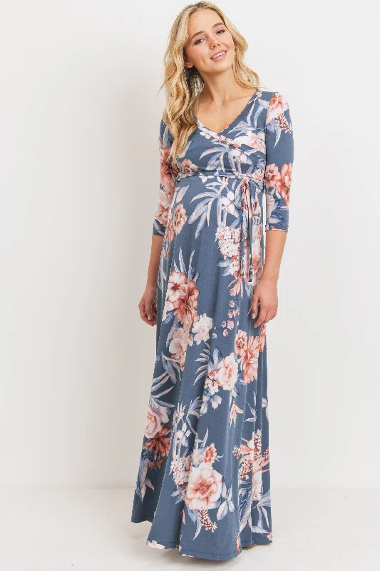 Denim Floral 3/4 Sleeve Maternity Maxi Dress Boohoo maxi dresses