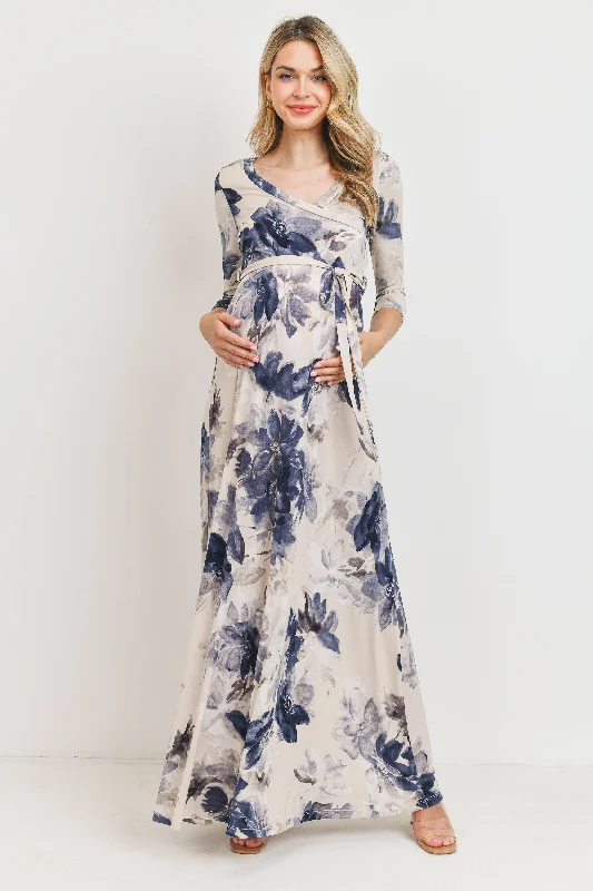 Taupe/Navy Floral 3/4 Sleeve Maternity/Nursing Maxi Dress Budget-friendly maxi dresses
