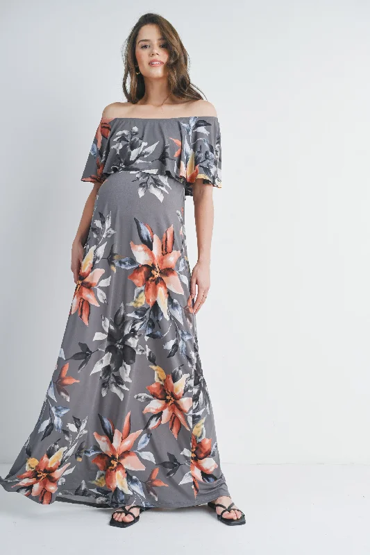 Grey Floral Ruffle Off The Shoulder Maxi Maternity Dress Goth maxi dresses