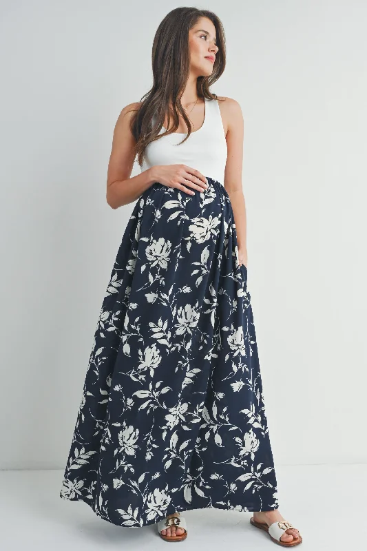 Ivory Navy Color Block Floral Print Tank Maternity Maxi Dress A-line maxi dresses