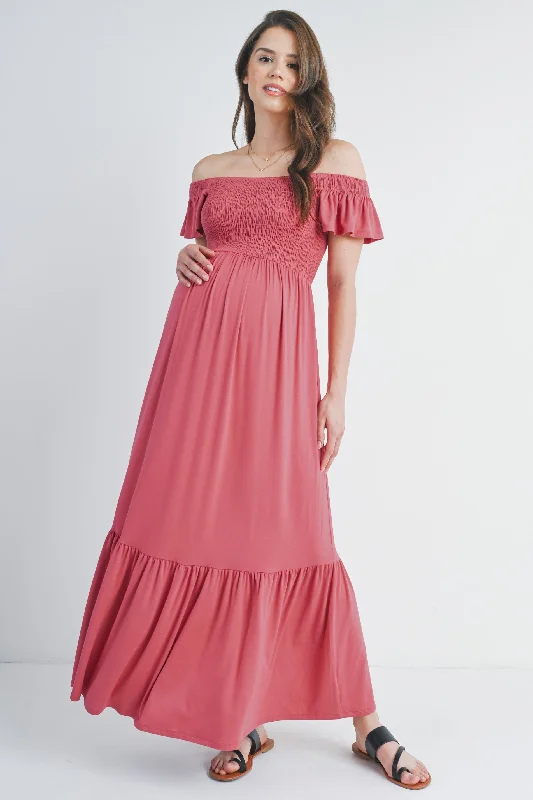 Off Shoulder Smocked Short Sleeve Maternity Maxi Dress PrettyLittleThing maxi dresses