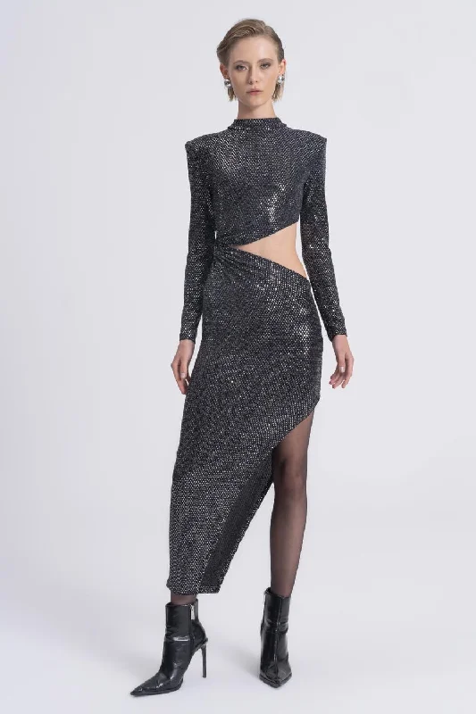 Silver Sequin Midi Dress with Deep Slits and Waist Decollete Best midi dresses for summer vacation
