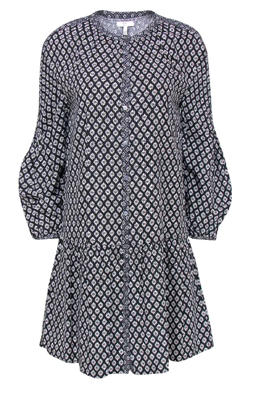 Joie - Black & White Floral Print Long Sleeve Button-Up Drop Waist Dress Sz S Flowy floral dresses