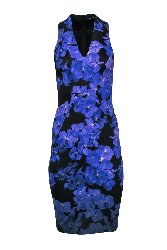 Karen Millen - Purple & Black Violets Printed Floral Sheath Dress Sz 4 Boohoo floral dresses