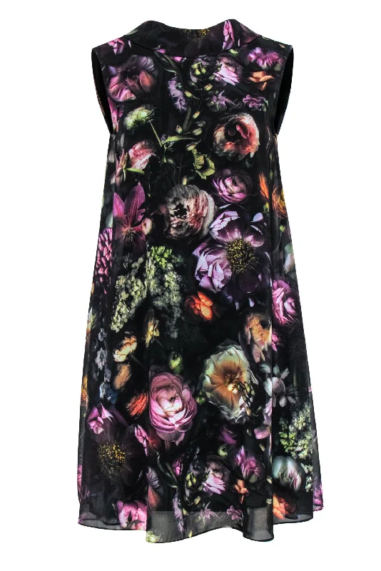 Ted Baker - Dark Floral Mock Neck Shift Dress Sz 6 Silk floral dresses