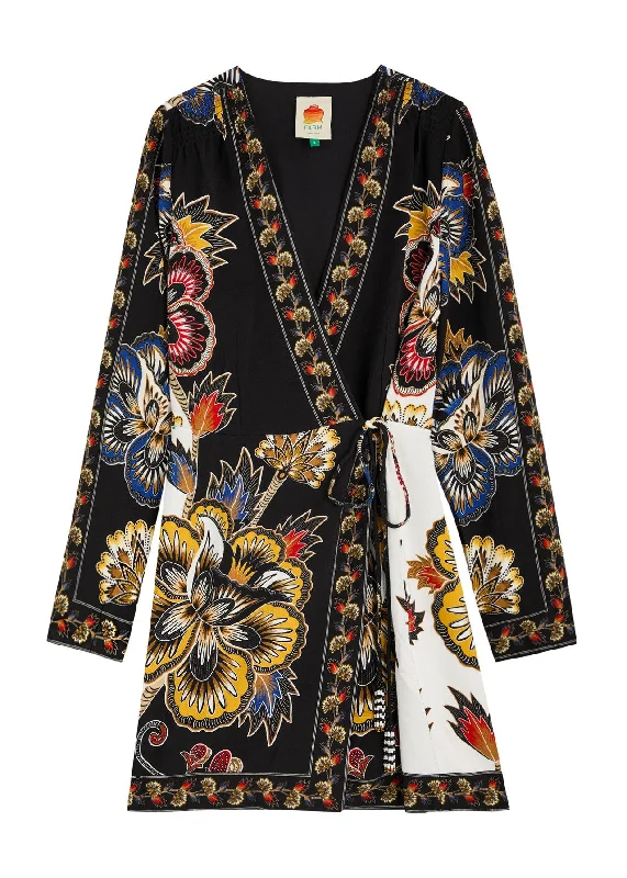 Farm Rio Women's Wrap Mini Dress, Maxi Floral Black Elegant Mini Skirt
