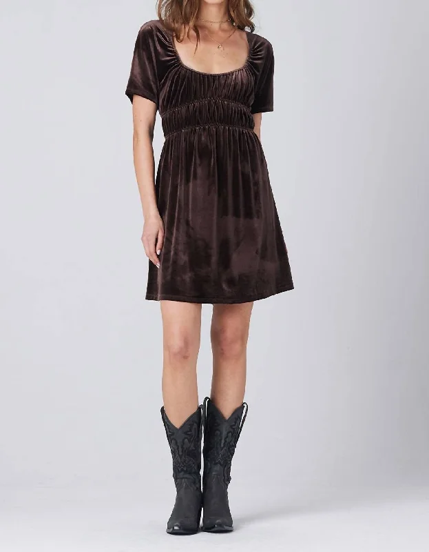 Gracie Velvet Short Slv Mini Dress In Fossil Brown Casual Skater Skirt