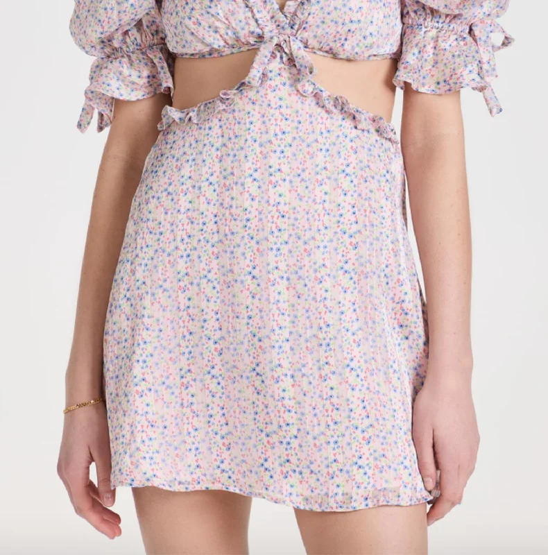 Phoebe Floral-Print Cutout Satin Chiffon Mini Dress In Blue Floral Button-up Mini Skirt