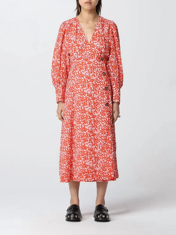 Printed Mini Floral Crepe V-Neck Pleated Midi Dress In Orange Dotcom Mini Skirt Casual