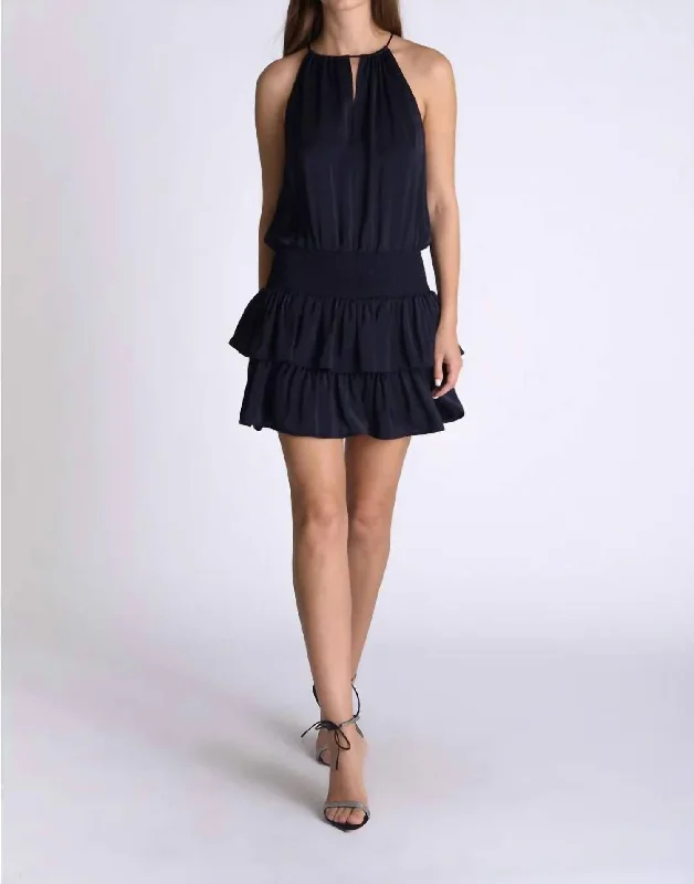 Waltz Mini Dress In Navy Polka Dot Skirt