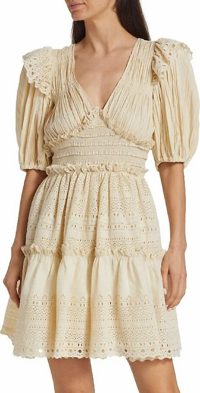 Women Marley Pleated Smocked Eyelet Mini Dress In Cream Floral Print Skirt