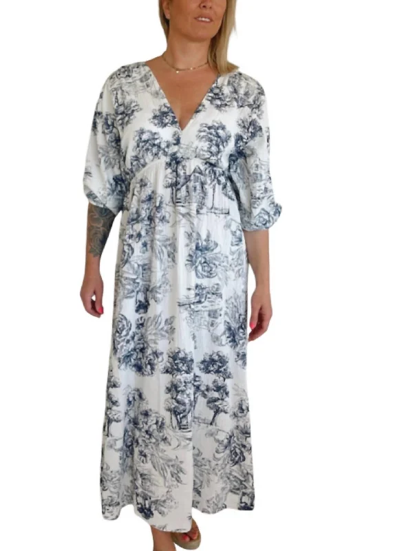 Deep V-Neck Maxi Floral Print Dress In White/navy Maxi Skirt Glam