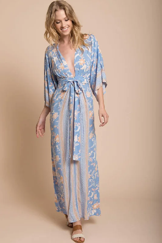 Kira Kimono Maxi Dress Blue Pleated Maxi Skirt