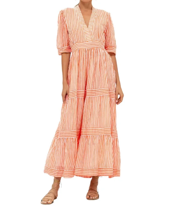 V Neck Cuffed Maxi Dress In Playa Coral Printed Long Skirt