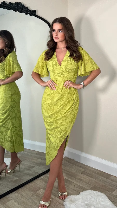 Cyprian Lime Green Angel Sleeve Wrap Midi Dress Warm Midi Skirt