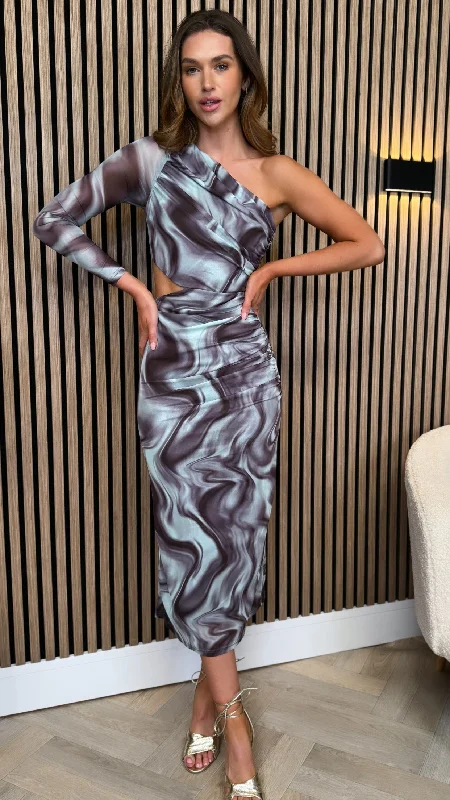 Gwyneth Black Printed One Shoulder Cut Out Midi Dress Soft Denim Midi